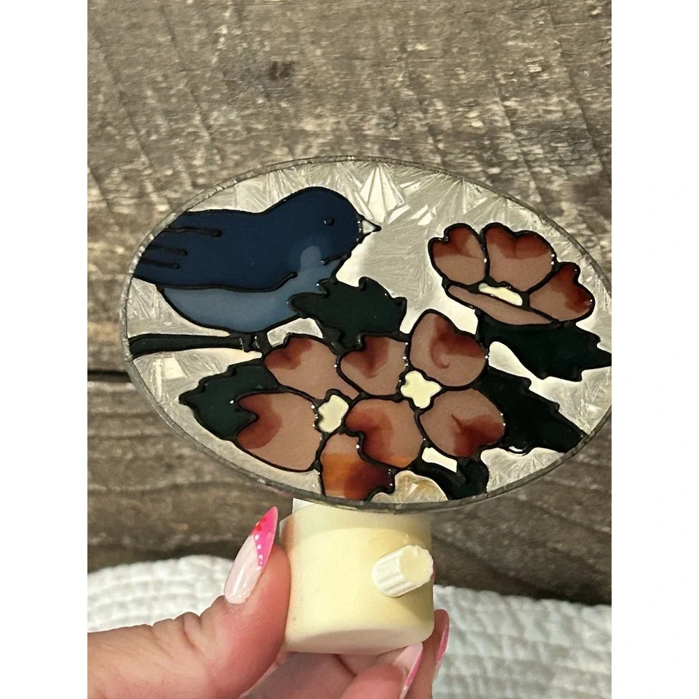 Stained Glass Blue Bird And Flowers Plug-In Nightlight Tested VTG